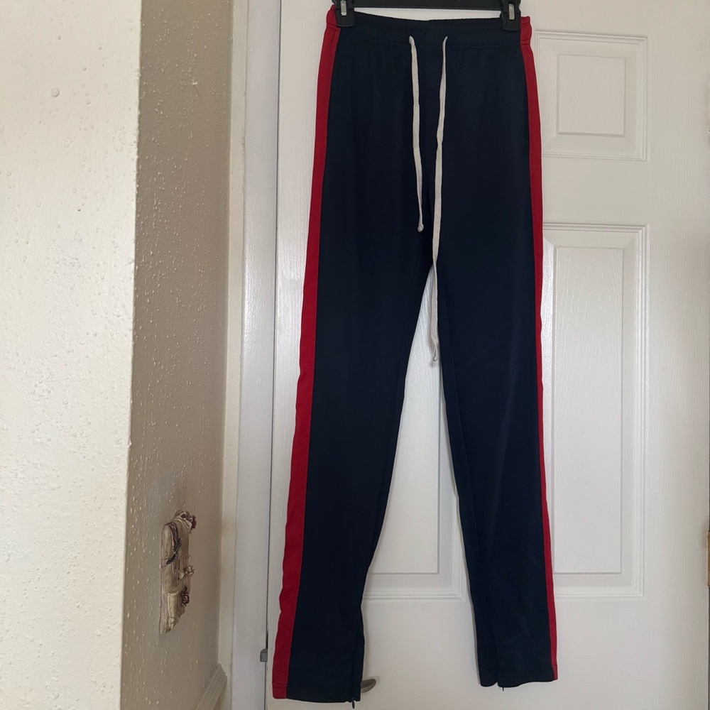 Sark Blue Track Pants with Red Side Stripes